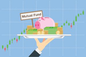 Piggy bank and many money in silver tray on stock chart background. This illustration about saving in mutual funds in catering concept.